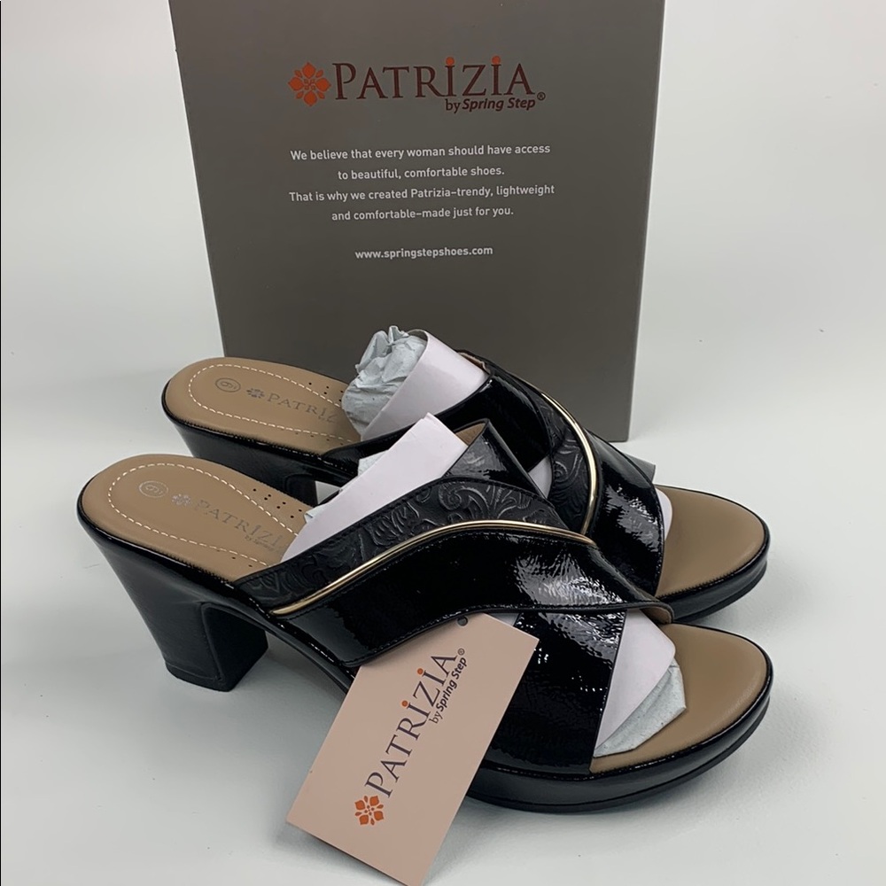 Patrizia By Spring Step Yadae Black Heeled leather Sandals Size 9 Open Toe NWT